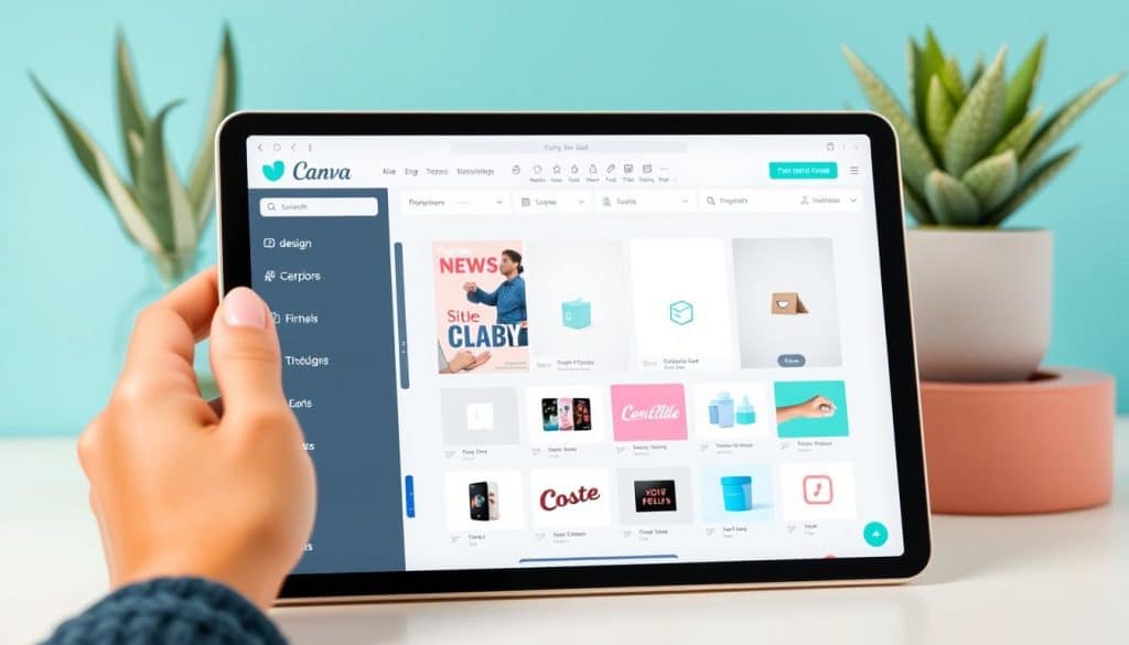 Create an image of Canva's design interface on a tablet.