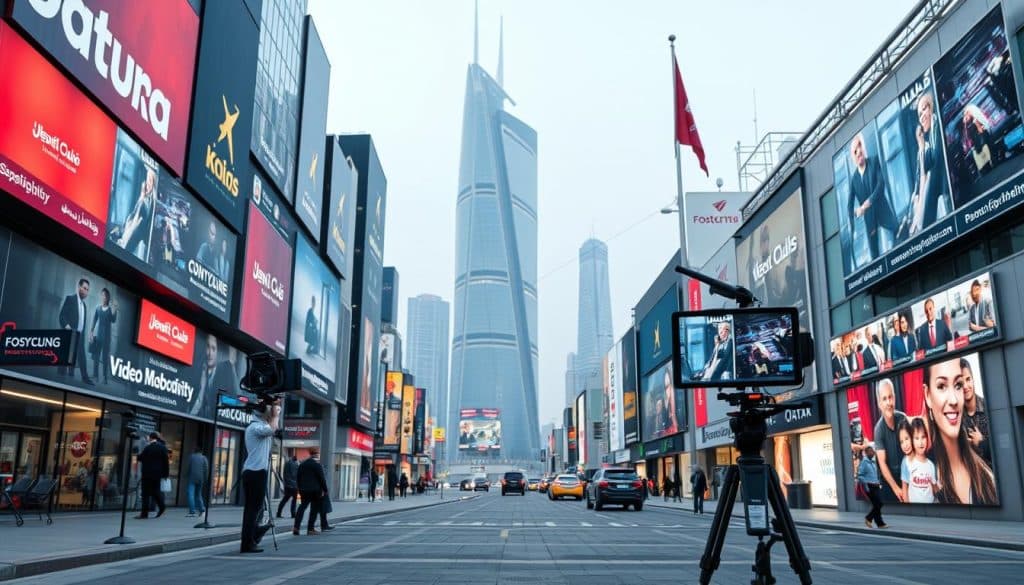 Create an image of a Qatar business landscape with various video marketing elements