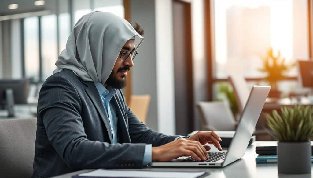 Create an image of a Qatari business professional designing a Google Site on a laptop
