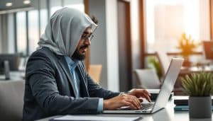 Create an image of a Qatari business professional designing a Google Site on a laptop