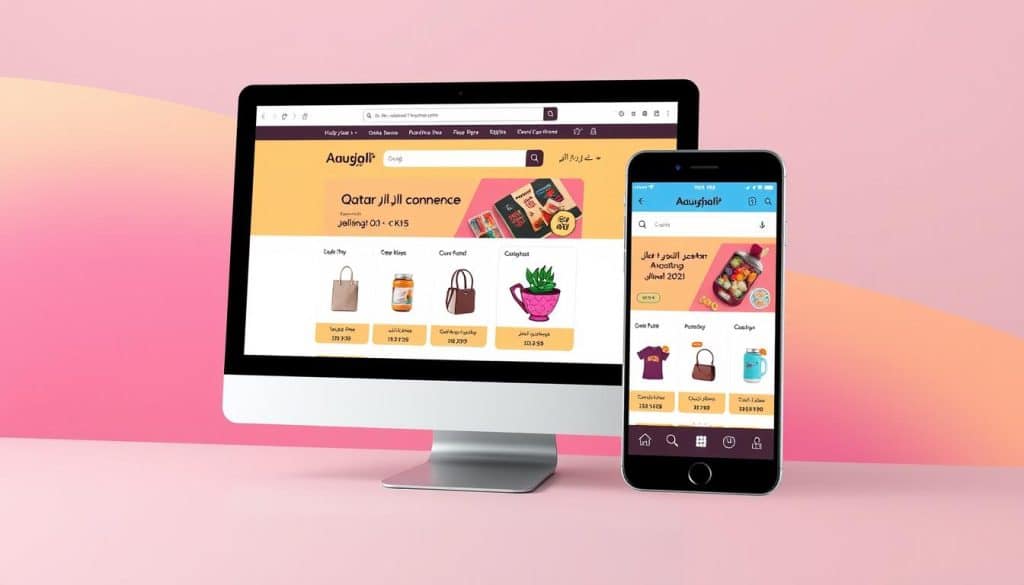 Create an image of a Qatari e-commerce website on a desktop and mobile device.
