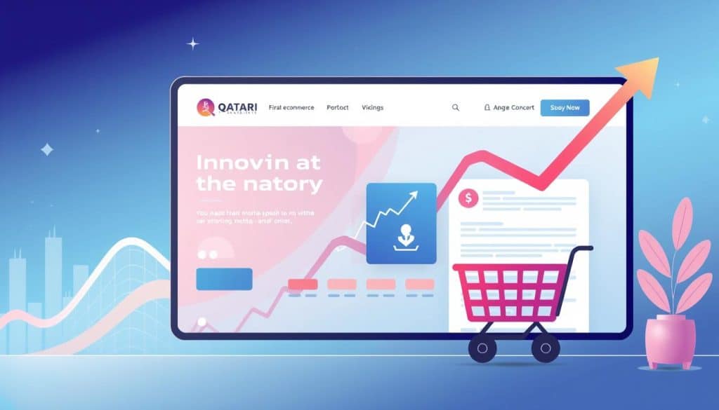 Create an image of a Qatari e-commerce website with a growing graph in the background.