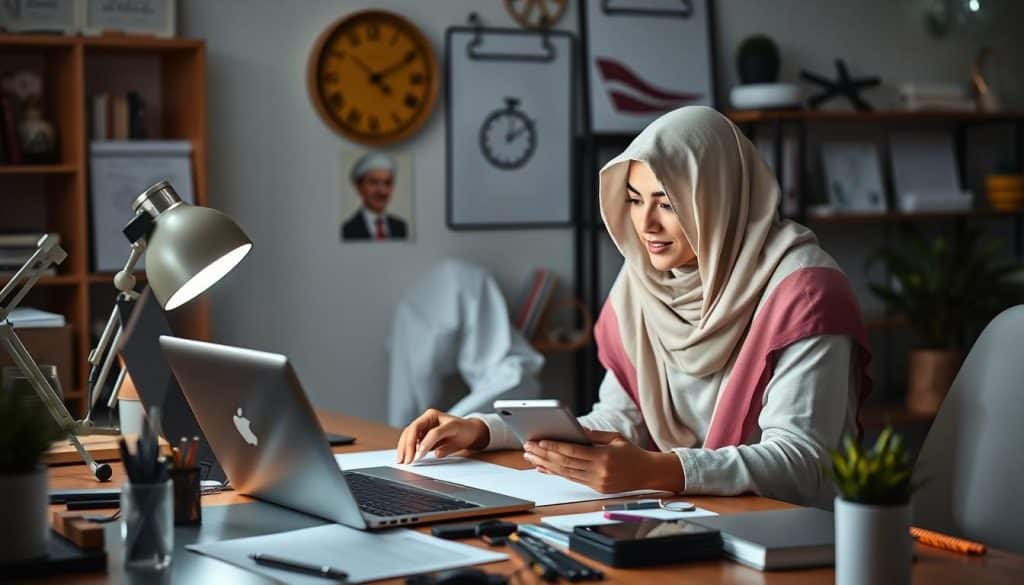 Create an image of a Qatari social media content creator developing a campaign