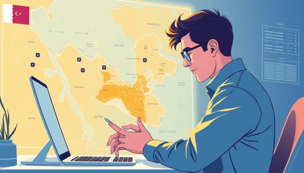 Create an image of a UI/UX designer working on a digital project, with a Qatar map in the background.