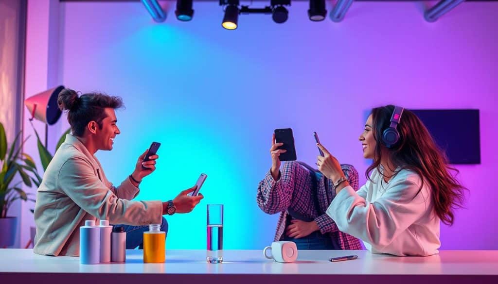 Create an image of a brand partnering with a social media influencer for a marketing campaign.