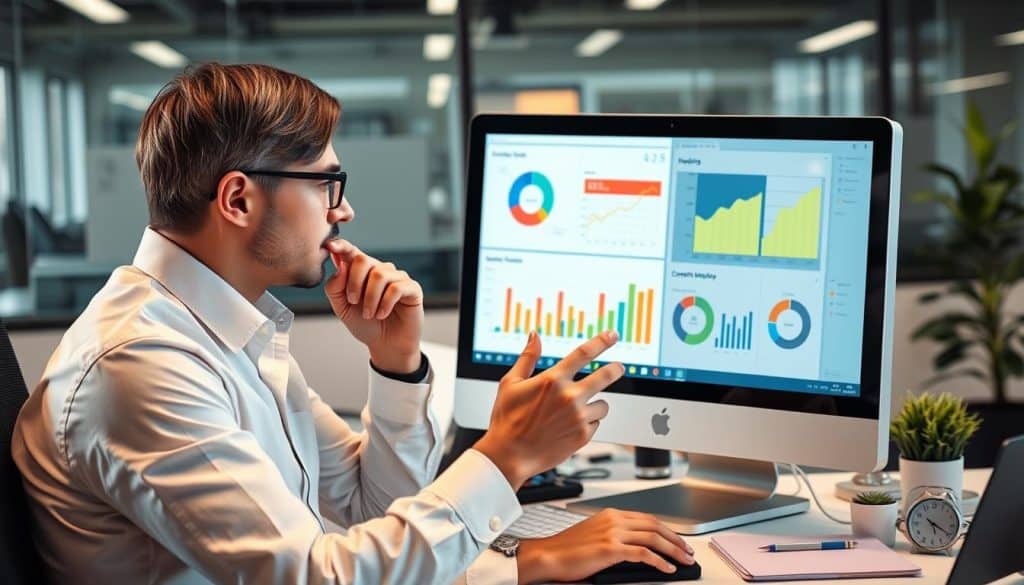 Create an image of a business professional analyzing content marketing metrics