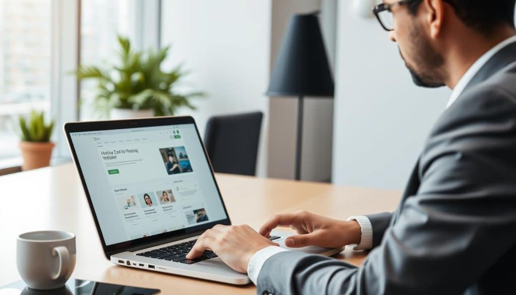 Create an image of a business professional in Qatar using a laptop with Hostinger's website builder interface on the screen.