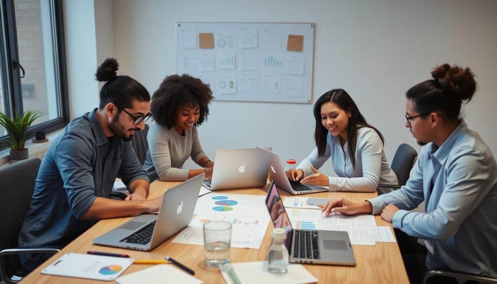Create an image of a business team planning a digital video marketing strategy