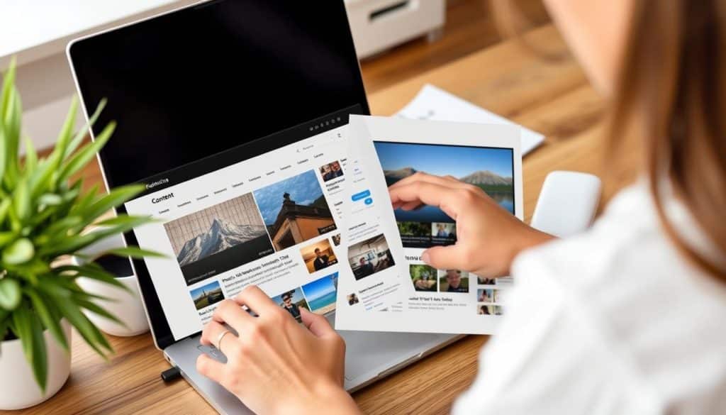 Create an image of a content creator designing a visually appealing blog post with various multimedia elements.