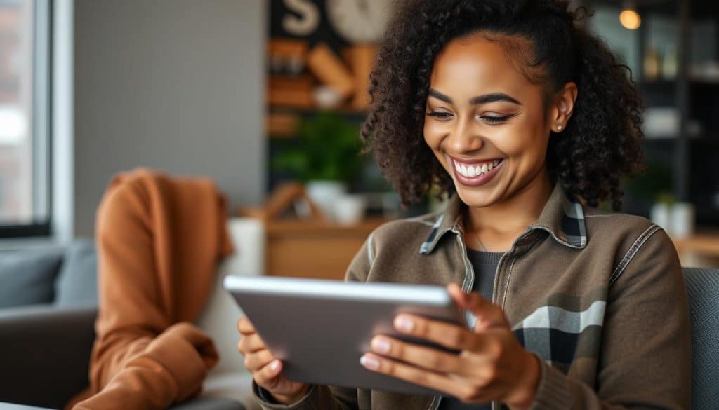 Create an image of a customer filling out a survey on a tablet with a satisfied expression.