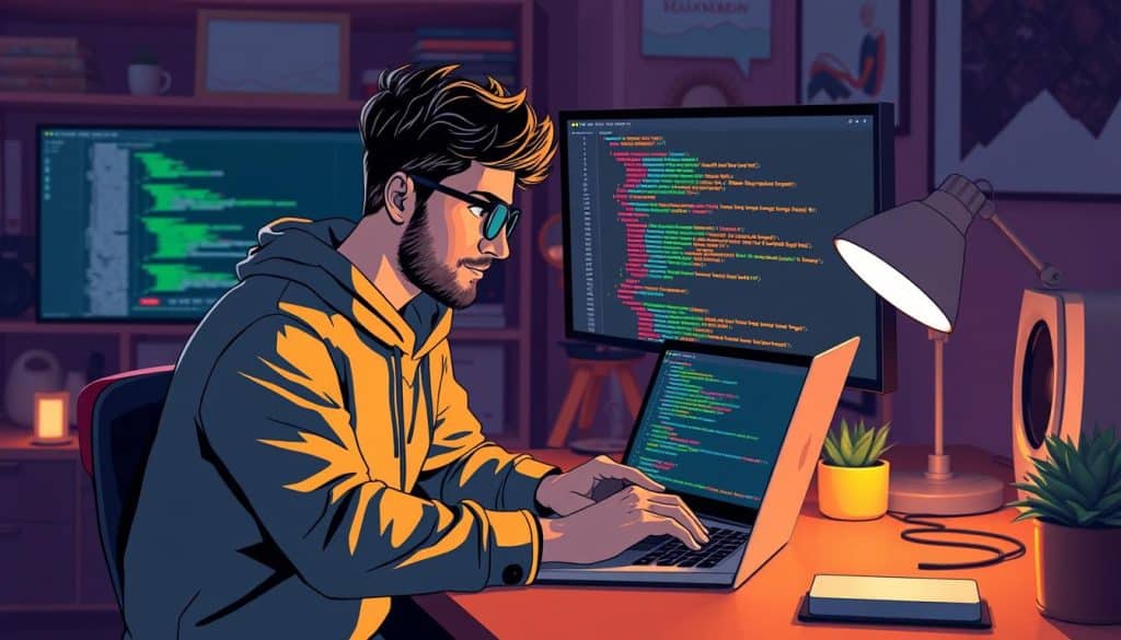 Create an image of a developer working on a basic web development project