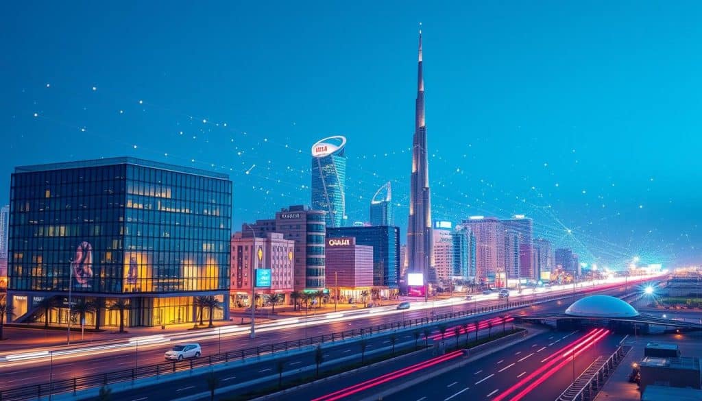 Create an image of a modern Qatar business landscape with a strong online presence.