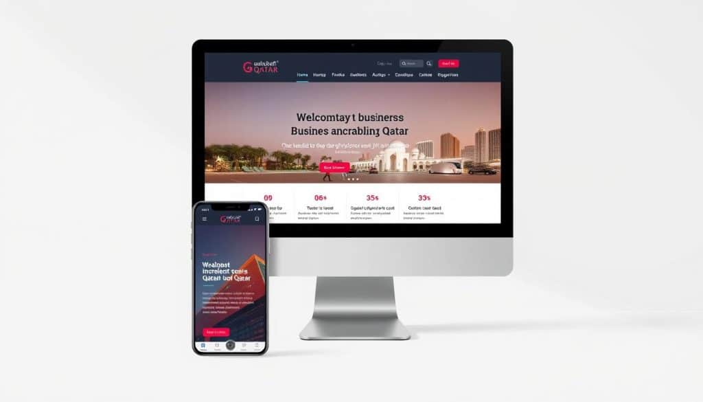 Create an image of a modern Qatar business website on a desktop and mobile device
