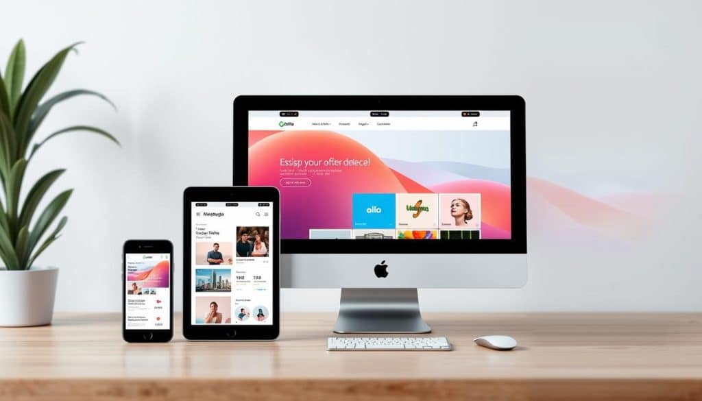 Create an image of a modern web application design on a variety of devices, showcasing responsive design and user experience.