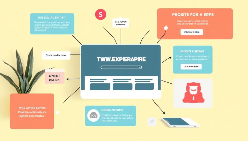 Create an image of a modern website design that incorporates online marketing elements.