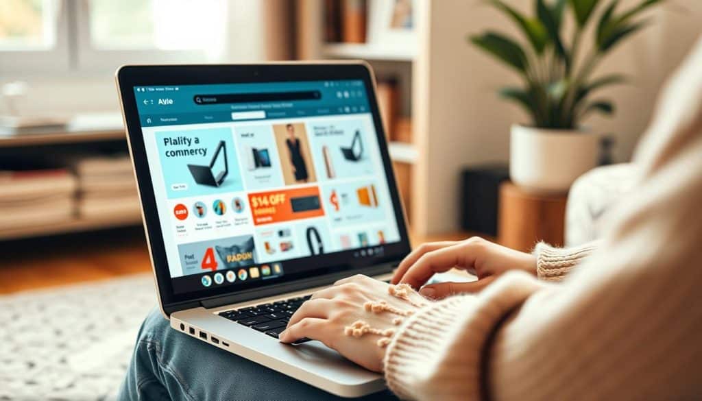 Create an image of a person shopping online on a laptop with various ecommerce ads displayed on the screen.