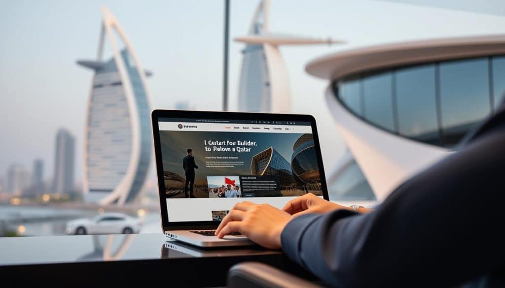 Create an image of a person using a business website builder on a laptop, with a modern Qatari background.