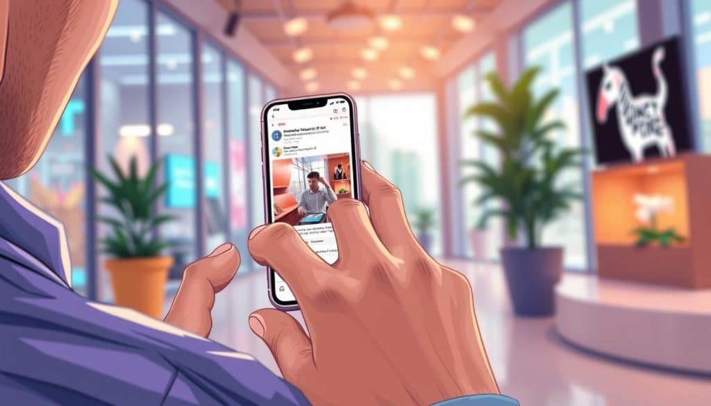 Create an image of a person using a smartphone to view a targeted social media ad.