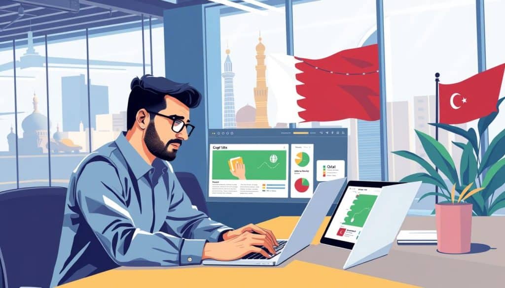 Create an image of a professional Google Site designer working with a Qatar business client