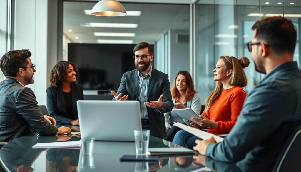 Create an image of a professional presenting a web development proposal to clients.