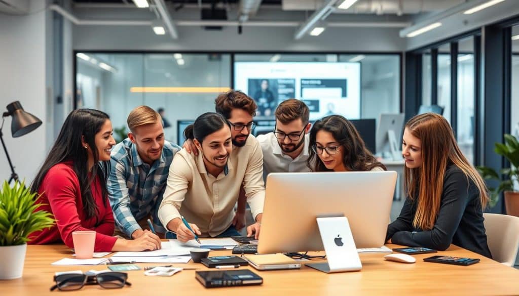Create an image of a professional web design team working on a custom website project.