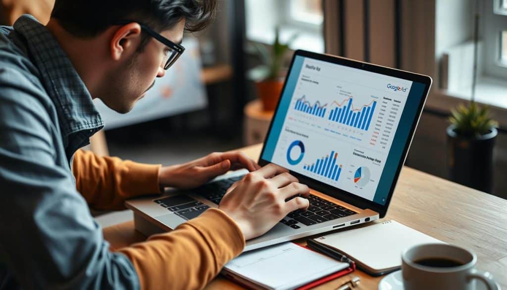 Create an image of a small business owner analyzing Google Ads performance on a laptop Create an image of a small business owner analyzing Google Ads performance on a laptop