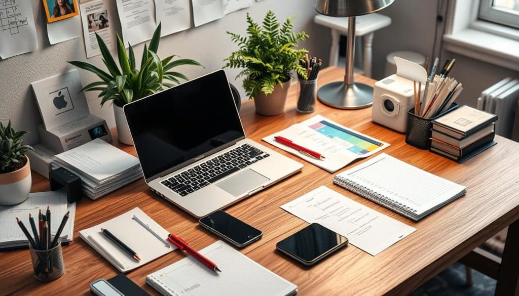 Create an image of a social media manager's workspace with various content creation tools on the desk.