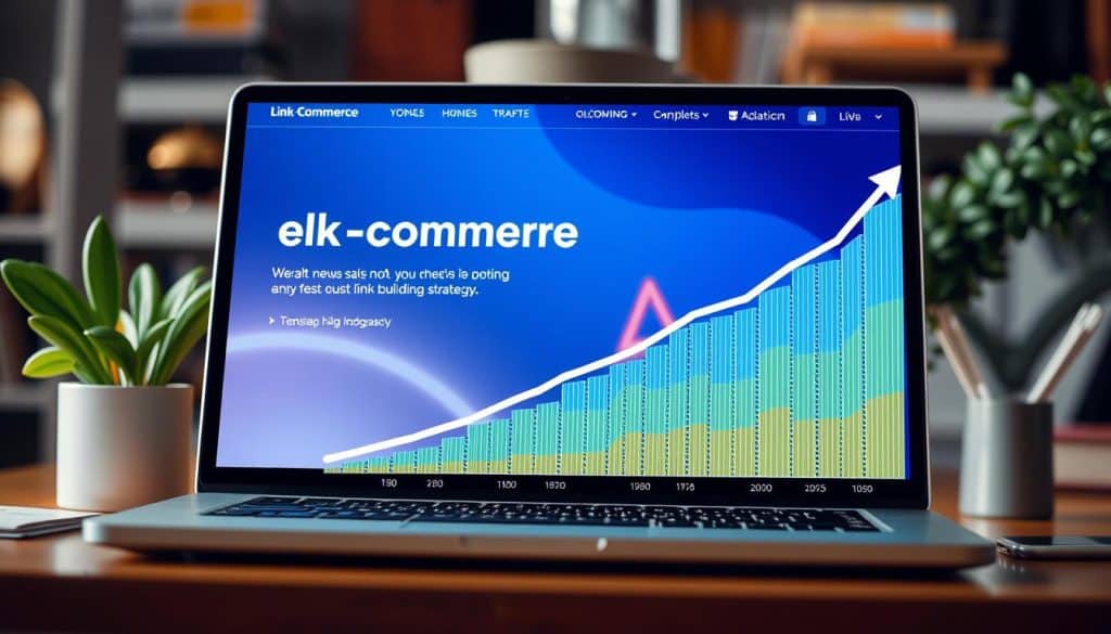 Create an image of a successful e-commerce website with a strong link building strategy, featuring a graph showing increased website traffic and sales.