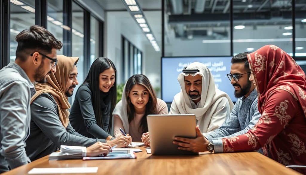 Create an image of a team working together on a website implementation project in Qatar.