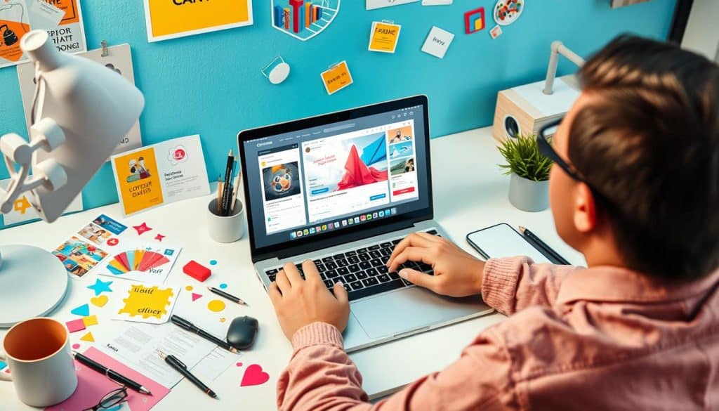 Create an image of a user designing a social media ad using Canva