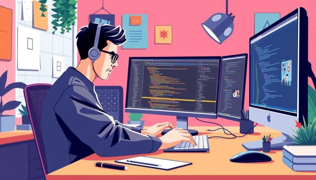 Create an image of a web designer working on a front-end development project