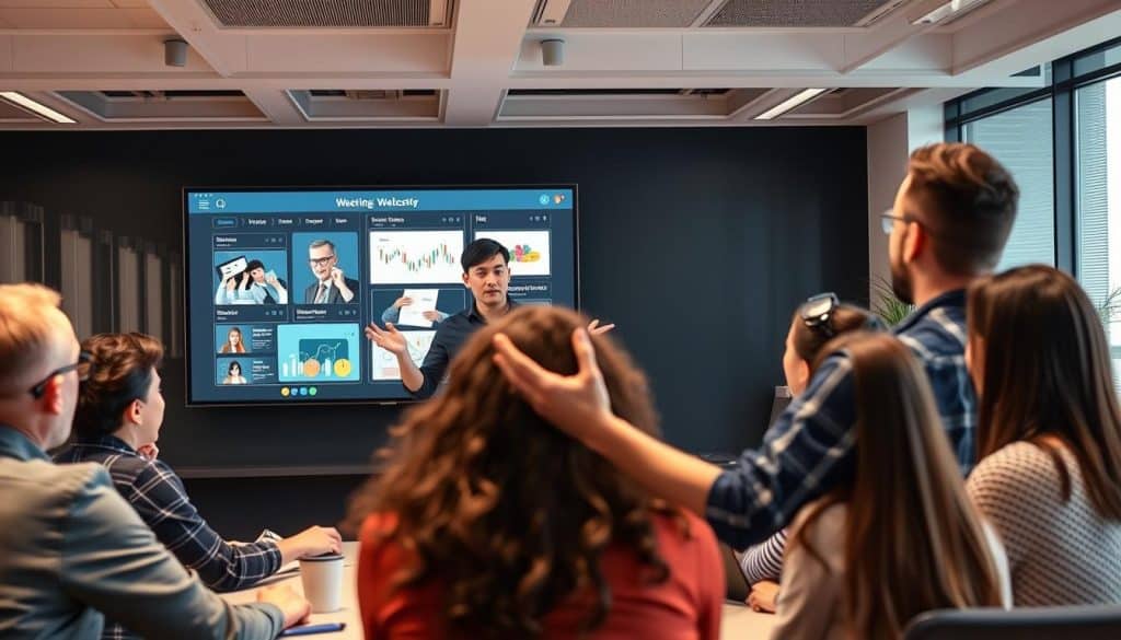 Create an image of a web developer presenting technical slides to a team.