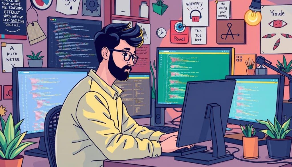 Create an image of a web developer working on a JavaScript project