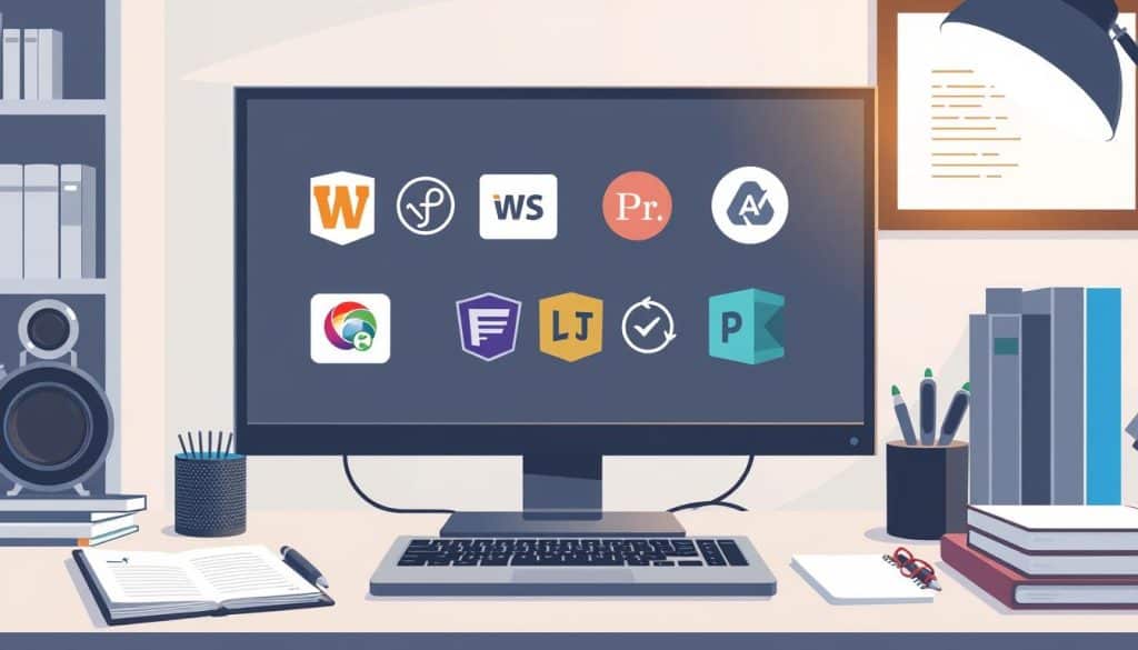 Create an image of a web developer's workspace with various presentation software logos on the screen.