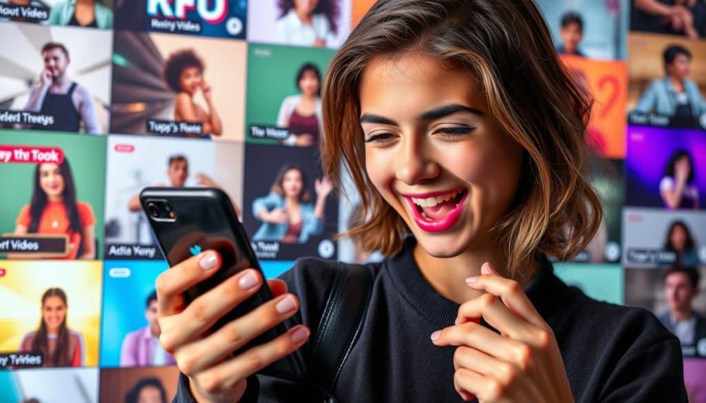 Create an image of a young person using TikTok on their phone with a background of trending TikTok videos.