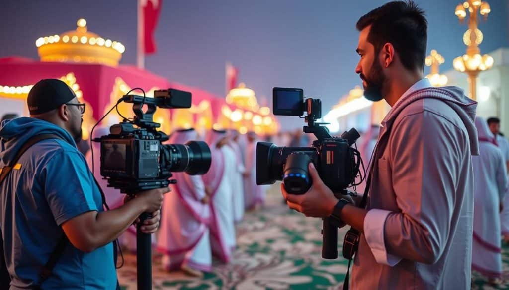 Create an image of an event being documented by a professional videographer in Qatar.