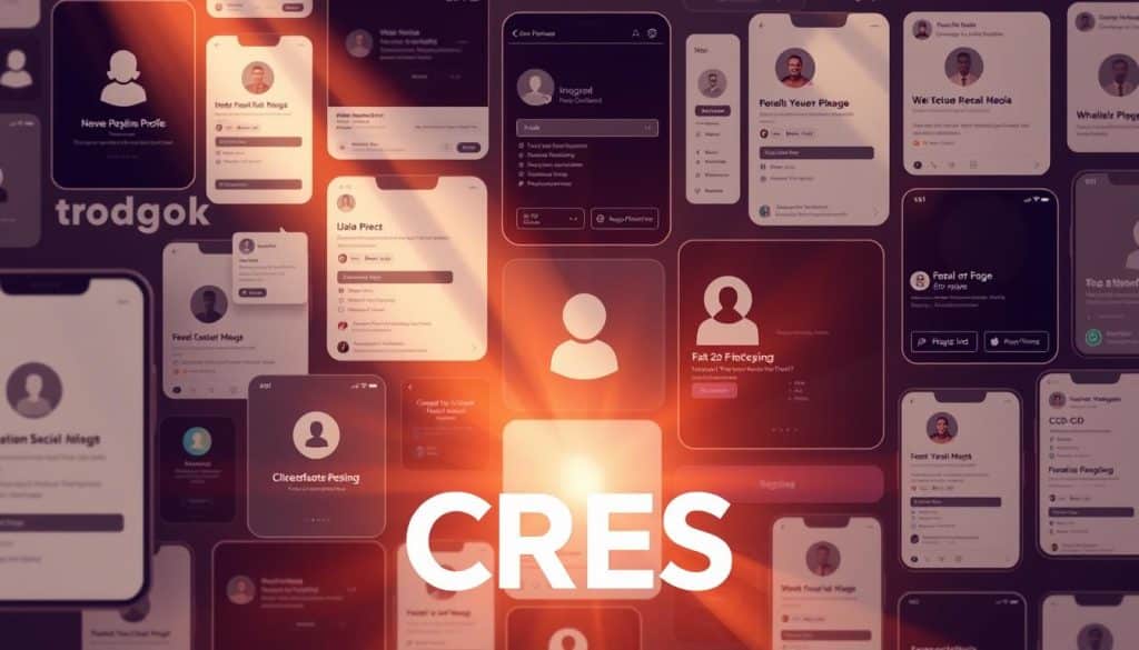 Detailed array of social media profile interfaces arranged in a dynamic, visually engaging composition. Sleek, minimalist design featuring app icons, login screens, and profile customization elements in muted, earthy tones. Subtle rays of warm light filtering through, creating a soft, inviting atmosphere. In the foreground, the CRES brand logo prominently displayed, seamlessly integrated into the UI elements. Balanced depth of field, emphasizing the central profiles while allowing peripheral context to remain in focus. The overall aesthetic conveys a sense of professionalism, accessibility, and the power of leveraging social media for business growth.
