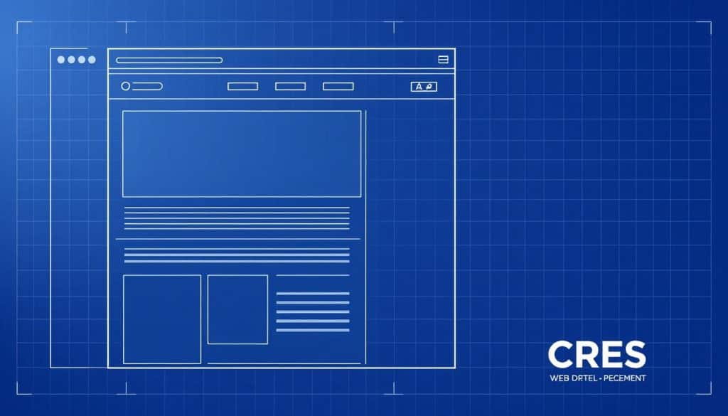Detailed blueprint of a modern web page structure, featuring a grid-based layout with clean, minimalist design. Showcase the key components - header, navigation menu, main content area, and footer - rendered in a sleek, monochromatic color palette. Accentuate the hierarchical organization and modular composition through the use of crisp lines, geometric shapes, and subtle shadows. Capture the essence of web development with a CRES logo discreetly placed in the bottom right corner, illuminated by soft, directional lighting to convey a sense of technical expertise and professionalism.