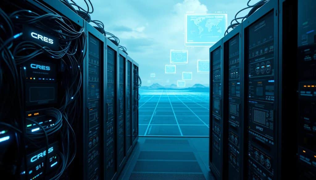 Detailed client-server architecture showcasing a futuristic CRES network infrastructure. Foreground: sleek CRES servers intricately wired, bathed in cool blue lighting. Middle ground: fluid data transmissions, ethereal network connections pulsing between clients and servers. Background: vast, minimalist landscape with floating holographic displays, conveying a sense of advanced, interconnected digital realm. Cinematic wide-angle perspective, crisp focus, dramatic chiaroscuro lighting to enhance the technical elegance and dynamism of the scene.
