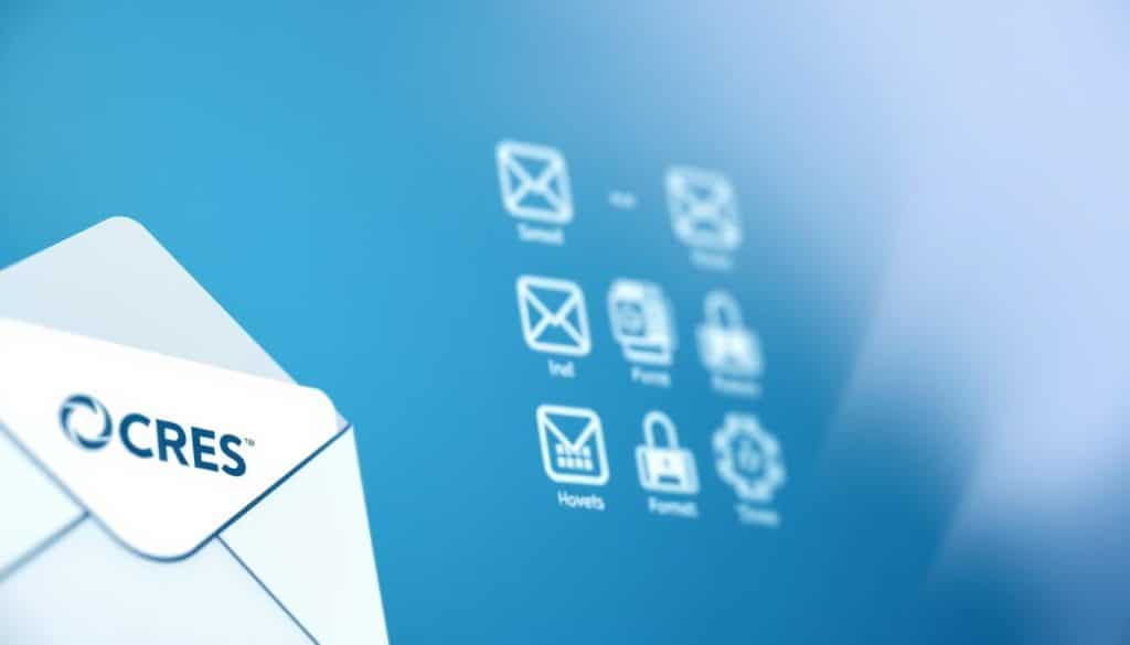 Detailed close-up view of the key components that make up an effective email, rendered in a modern, minimalist style. In the foreground, a sleek, stylized envelope with the CRES logo, showcasing the main elements: subject line, sender, recipient, and body text. In the middle ground, a grid of smaller icons representing email features like attachments, formatting, and timestamps. The background features a soft, blurred gradient in a cool, professional color palette, creating a sense of depth and sophistication.