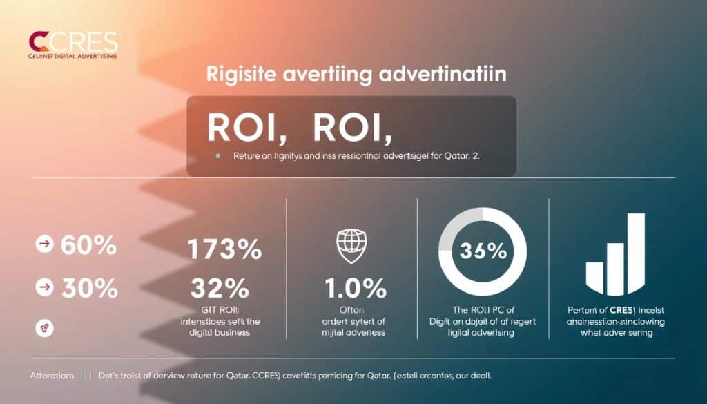 Detailed digital data visualization depicting the return on investment (ROI) for digital advertising. A sleek and modern infographic showcasing key metrics and insights, backlit by a smooth gradient background in Qatar's national colors. The CRES logo prominently displayed, indicating the source of this valuable analysis. Crisp, high-contrast imagery with a focus on simplicity and clarity, guiding the viewer through the benefits of digital advertising for Qatar businesses.