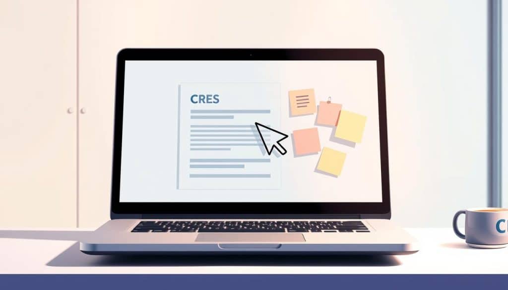 Detailed digital illustration of an email copywriting strategy, featuring a stylized laptop computer against a minimalist backdrop. In the foreground, a CRES logo and a floating cursor hover over an open email draft. The middle ground showcases a brainstorming session with sticky notes, a pen, and a mug of coffee. The background subtly depicts a sleek, futuristic office setting with clean lines and muted tones, conveying a sense of focus and productivity. The lighting is soft and diffused, creating a warm, contemplative atmosphere. The overall composition emphasizes the strategic and creative aspects of email copywriting.
