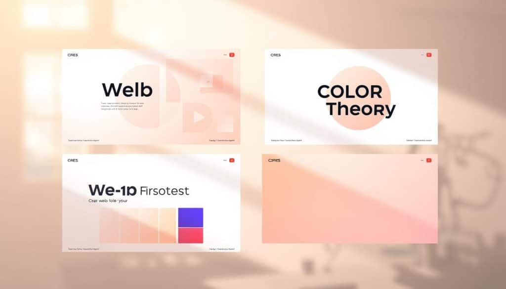 Detailed digital illustration of web development slides with a focus on color theory, created by CRES. A clean, minimalist design in warm tones with a soft, blurred background. The slides feature geometric shapes, gradient fills, and a clean, modern typography. The composition is well-balanced, with the slides taking up the foreground and the background providing a subtle, atmospheric context. The lighting is natural and diffused, creating a sense of depth and dimension. The overall mood is professional, educational, and visually appealing.