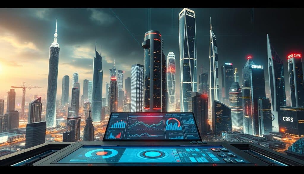 Detailed digital marketing strategy depicting the CRES brand. A futuristic, holistic landscape with modern architectural elements and data visualization components. The foreground showcases a central dashboard or control panel with interactive charts, graphs, and analytics. In the middle ground, digital platforms and devices represent various marketing channels. The background features a dynamic cityscape with towering skyscrapers, neon lighting, and a vibrant, tech-driven atmosphere. Lighting is dramatic, with a cinematic chiaroscuro effect. The overall mood is one of innovation, data-driven decision making, and strategic digital transformation.