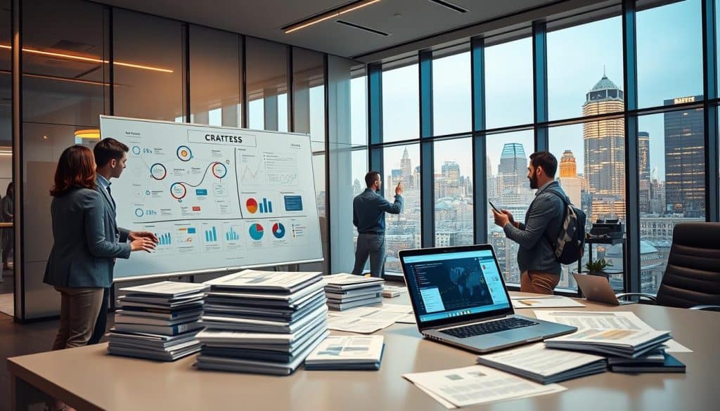 Detailed digital marketing strategy development, showcasing a modern, sleek office environment. In the foreground, a team of CRES marketing professionals collaborate on a large interactive whiteboard, visualizing their strategic plans. The middle ground features a desk with a laptop displaying analytics dashboards, alongside stacks of reports and research materials. The background depicts floor-to-ceiling windows overlooking a vibrant cityscape, bathed in warm, natural lighting. The overall atmosphere conveys a sense of professional expertise, innovation, and strategic thinking.