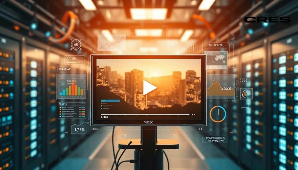 Detailed digital video strategy concept with CRES branding. Cinematic lighting and camera angles. Futuristic and tech-savvy atmosphere. Layered composition with a central video display in the foreground, surrounded by digital interfaces, charts, and statistics in the middle ground. Blurred cityscape or server farm backdrop in the distance, conveying the scale and impact of digital marketing. Warm color tones and clean, minimalist design to reflect a modern, professional aesthetic.
