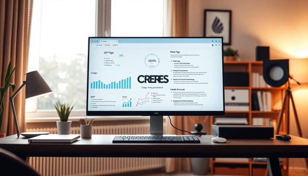 Detailed illustration of on-page SEO techniques in a clean and minimalist style. Wide-angle shot showcasing a computer screen displaying SERP analytics, meta tags, header structure, and other key on-page elements against a backdrop of a modern, well-organized home office. Emphasis on the CRES brand logo featured prominently. Warm, natural lighting from a large window illuminates the workspace. Crisp details, muted color palette, and a sense of calm focus to reflect the "Powerful On-Page SEO Techniques" theme.