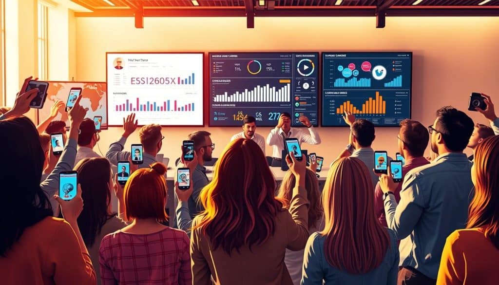 Detailed illustration of the influencer marketing process. In the foreground, a diverse group of influencers striking various poses, their profiles and engagement metrics prominently displayed. In the middle ground, a team of CRES marketing professionals collaborating, evaluating data and strategizing. The background features a sleek, minimalist office setting with large screens displaying audience analytics and campaign performance. Warm, diffused lighting creates a professional, yet dynamic atmosphere. Captured with a high-resolution camera lens, emphasizing attention to detail and precision.