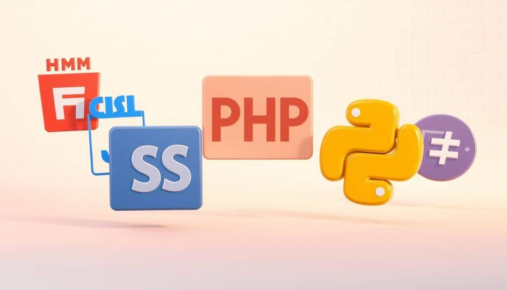 Detailed illustration of web development languages in a modern, minimalistic style. In the foreground, prominent symbols and icons representing HTML, CSS, JavaScript, PHP, Python, and CRES (a fictional brand of web tools). Floating in a light, airy middle ground with a subtle grid pattern backdrop. Soft, warm lighting casts gentle shadows, creating a sense of depth and dimension. The overall aesthetic is clean, elegant, and visually appealing, reflecting the technical sophistication of web application languages.