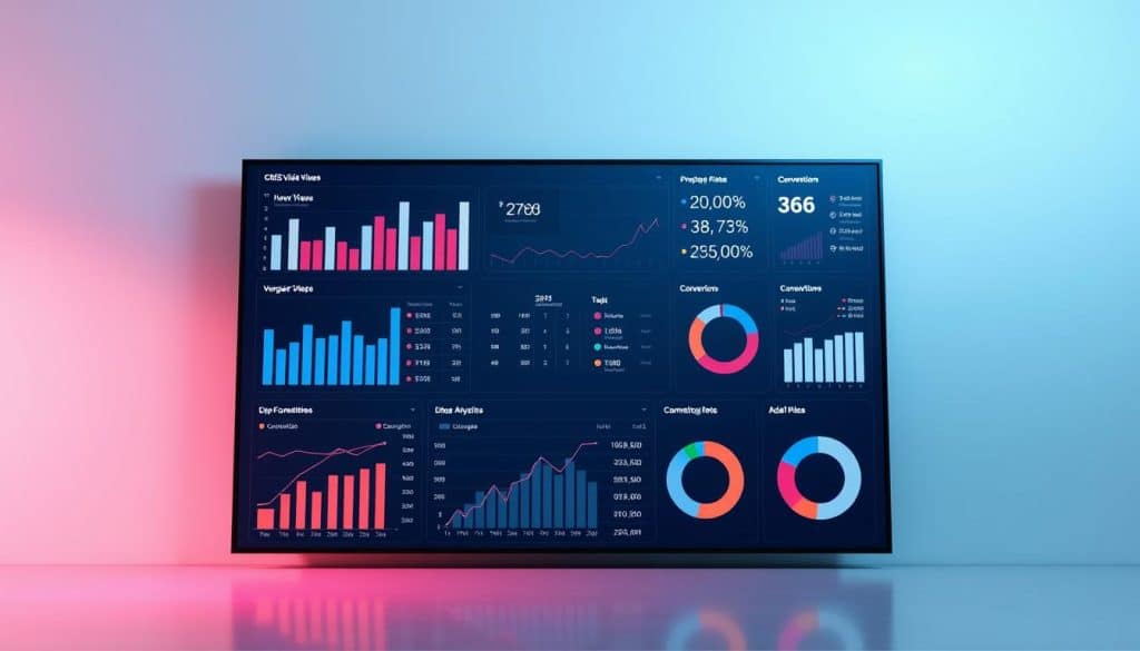 Detailed infographic displaying CRES video advertising metrics against a sleek, minimalist background. Foreground features compelling data visualizations - bar charts, line graphs, and pie charts - showcasing key performance indicators like views, engagement rates, conversions, and ROI. Midground includes a central dashboard panel with interactive controls. Background has a soft, gradient color scheme and subtle geometric patterns, creating a modern, high-tech atmosphere. Lighting is subtle and directional, emphasizing the clarity and prominence of the data. Camera angle is slightly elevated to provide an overview of the comprehensive metrics display.